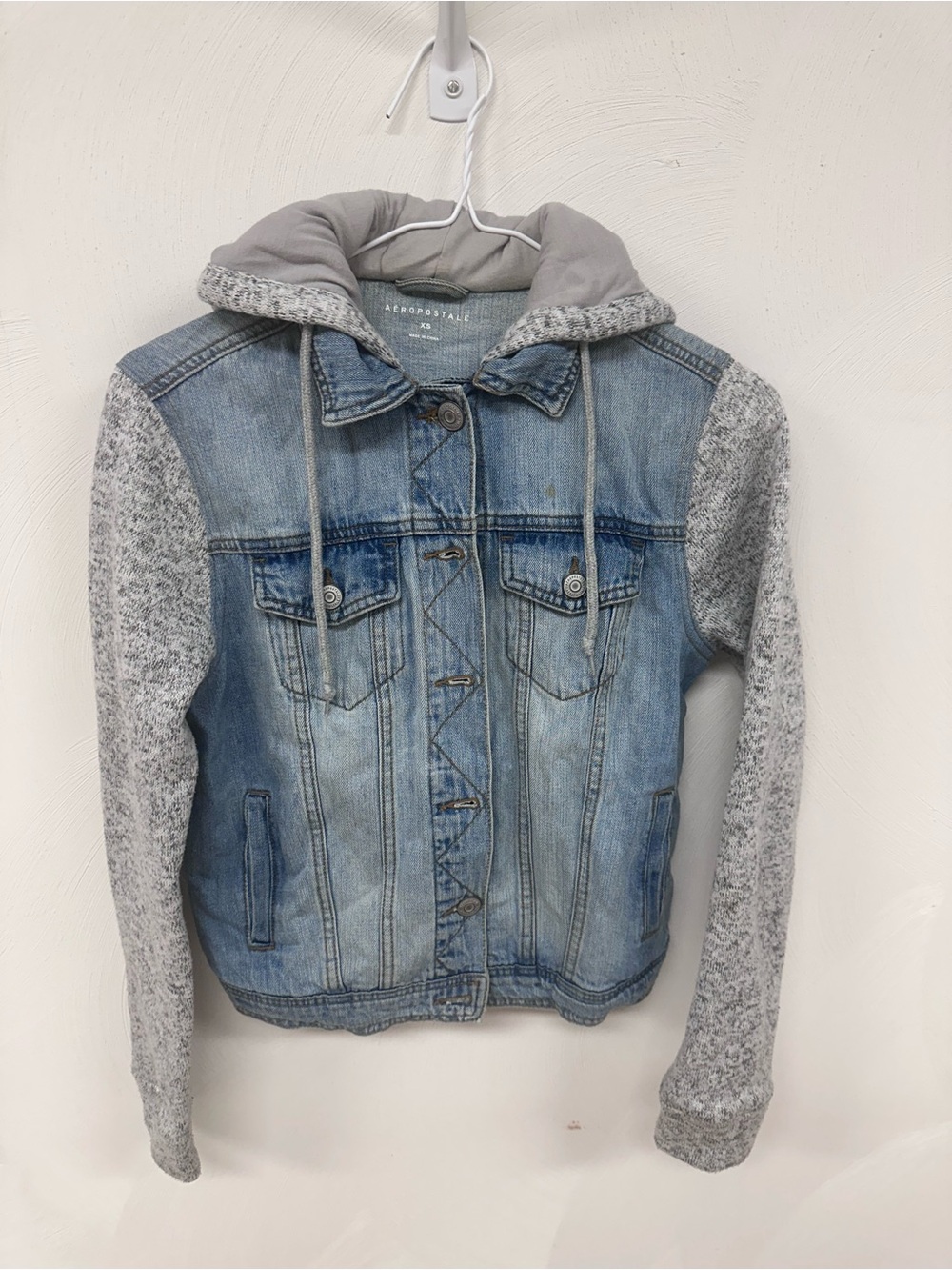 Aeropostale Light Blue Denim Jacket with Gray Knit Sleeves & Hood